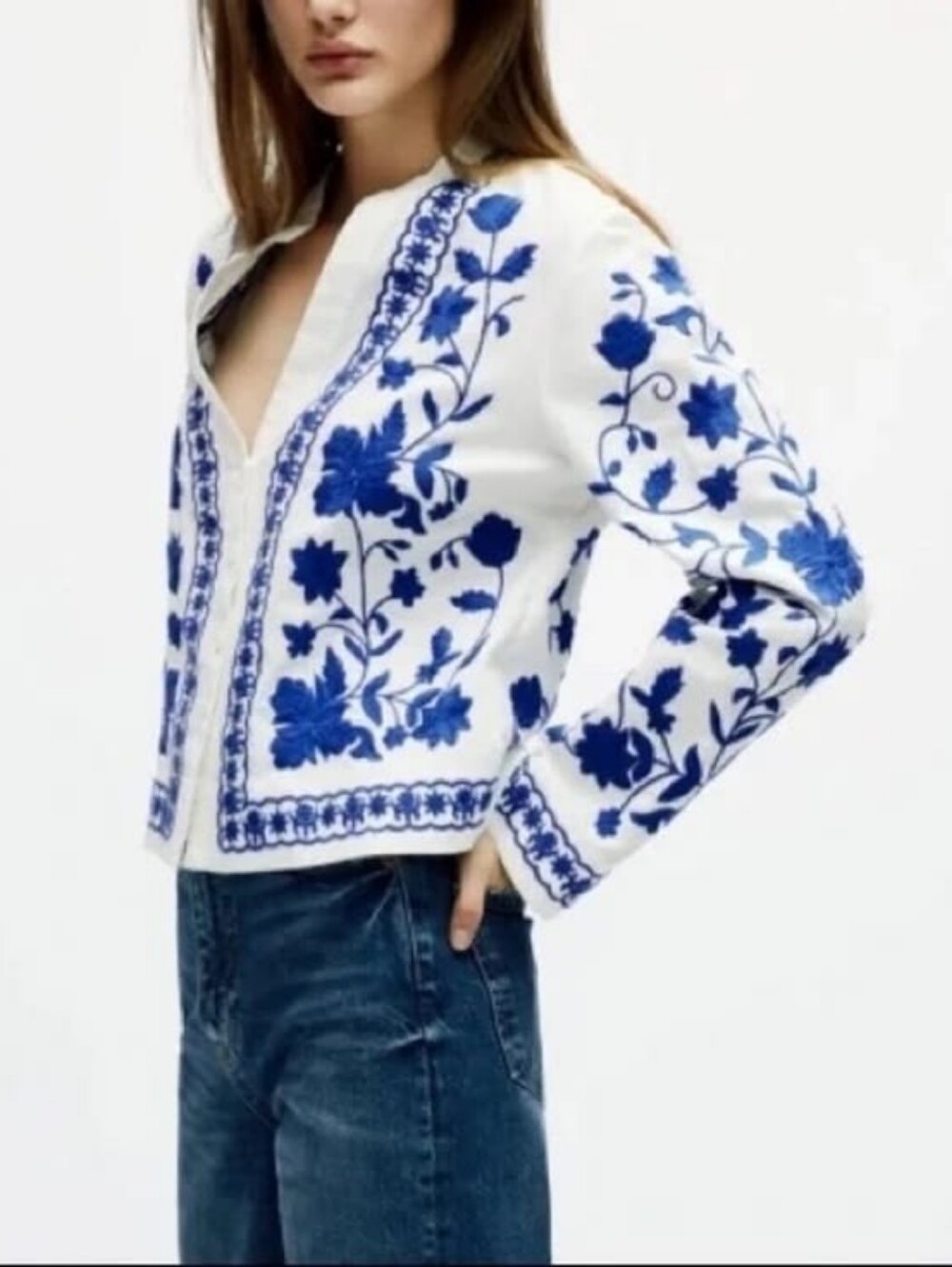 Blue & White Embroidered Jacket/Blouse and Tiered Skirt Set - Picture 3 of 4